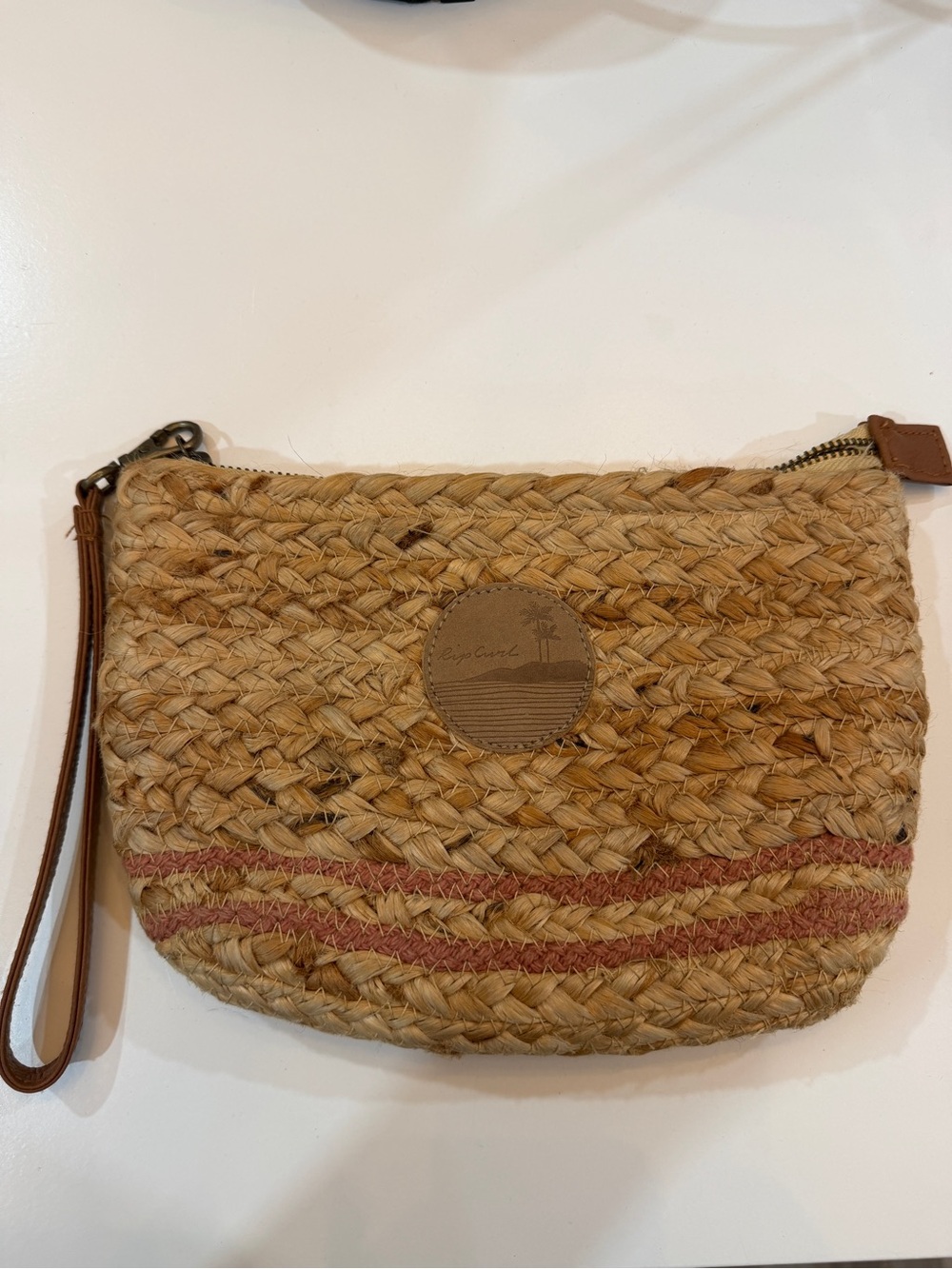 O'Neill Natural Straw Wristlet Clutch with Pink Stripe